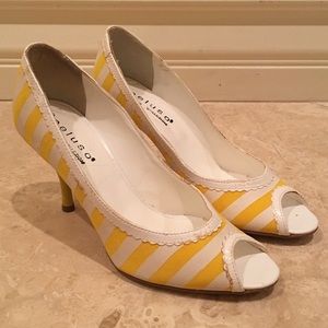 PELUSO White Yellow Stripe Leather Pump Heel Italy